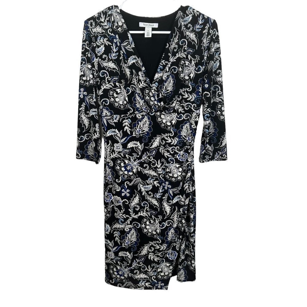 White House Black‎ Market black and blue foral faux wrap dress, size XS